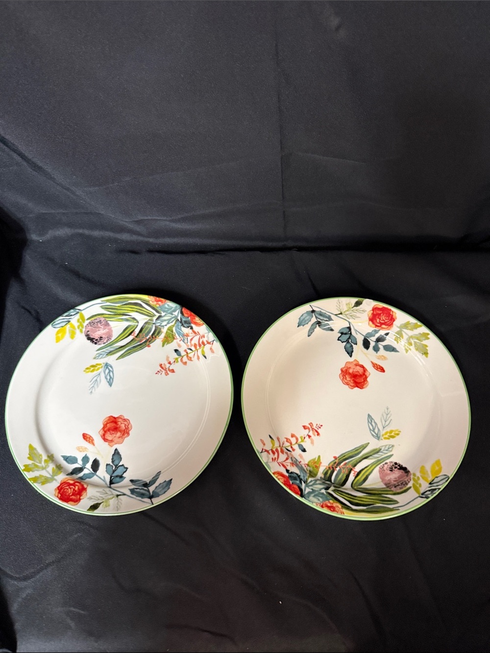 Michelle Morin Floral Ceramic Dinner Plates with Green Rim